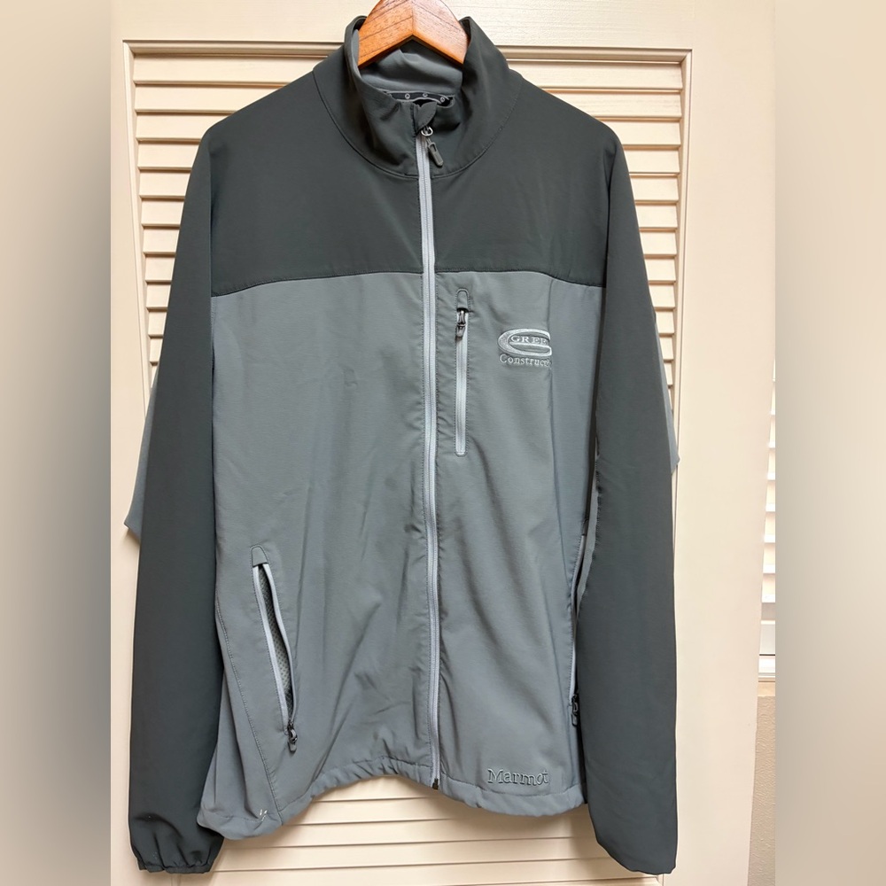Marmot M3 Mens XL Gray Full Zip Softshell Hiking Jacket Embroidered Company Logo